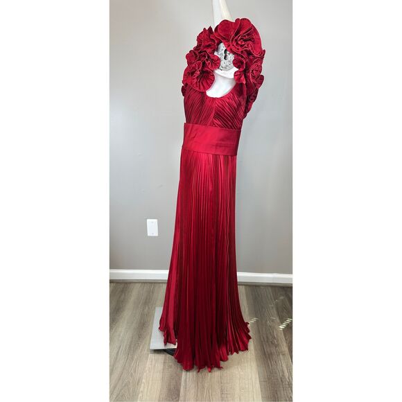 NWT Ieena for Mac Duggal Red Pleated Charmeuse One Shoulder Ruffle Gown Size 12 - Picture 6 of 9